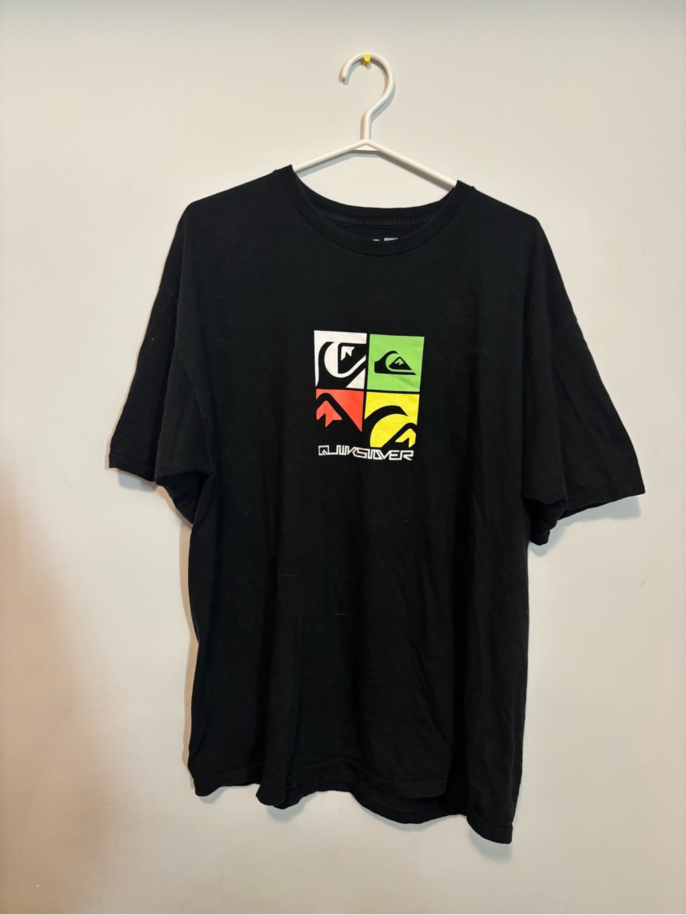 Quiksilver Black Short Sleeve Tee with Green, Yellow, Red and White Logo